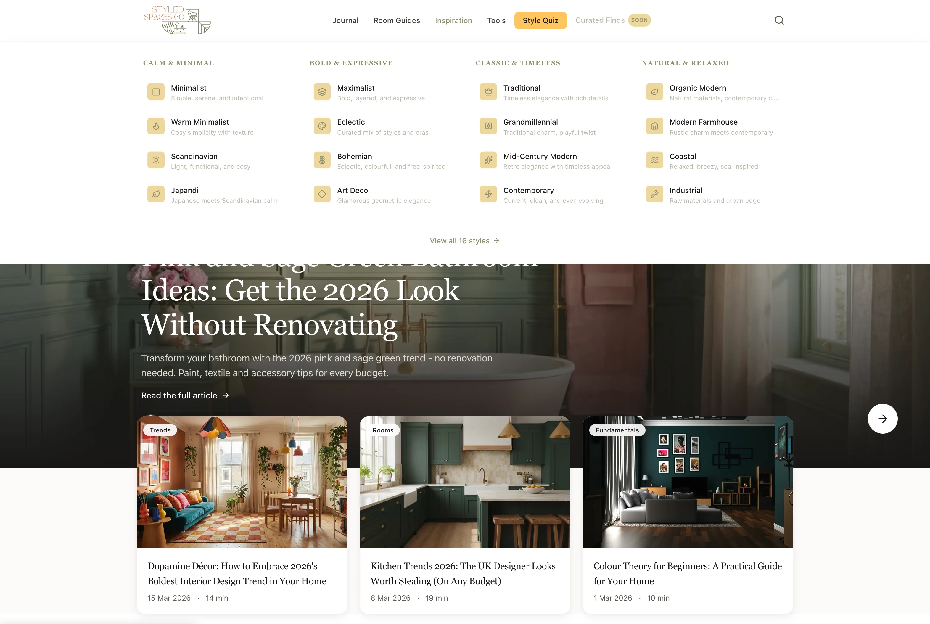 The Styled Spaces menu open over the home page, listing interior design styles in four groups by mood.