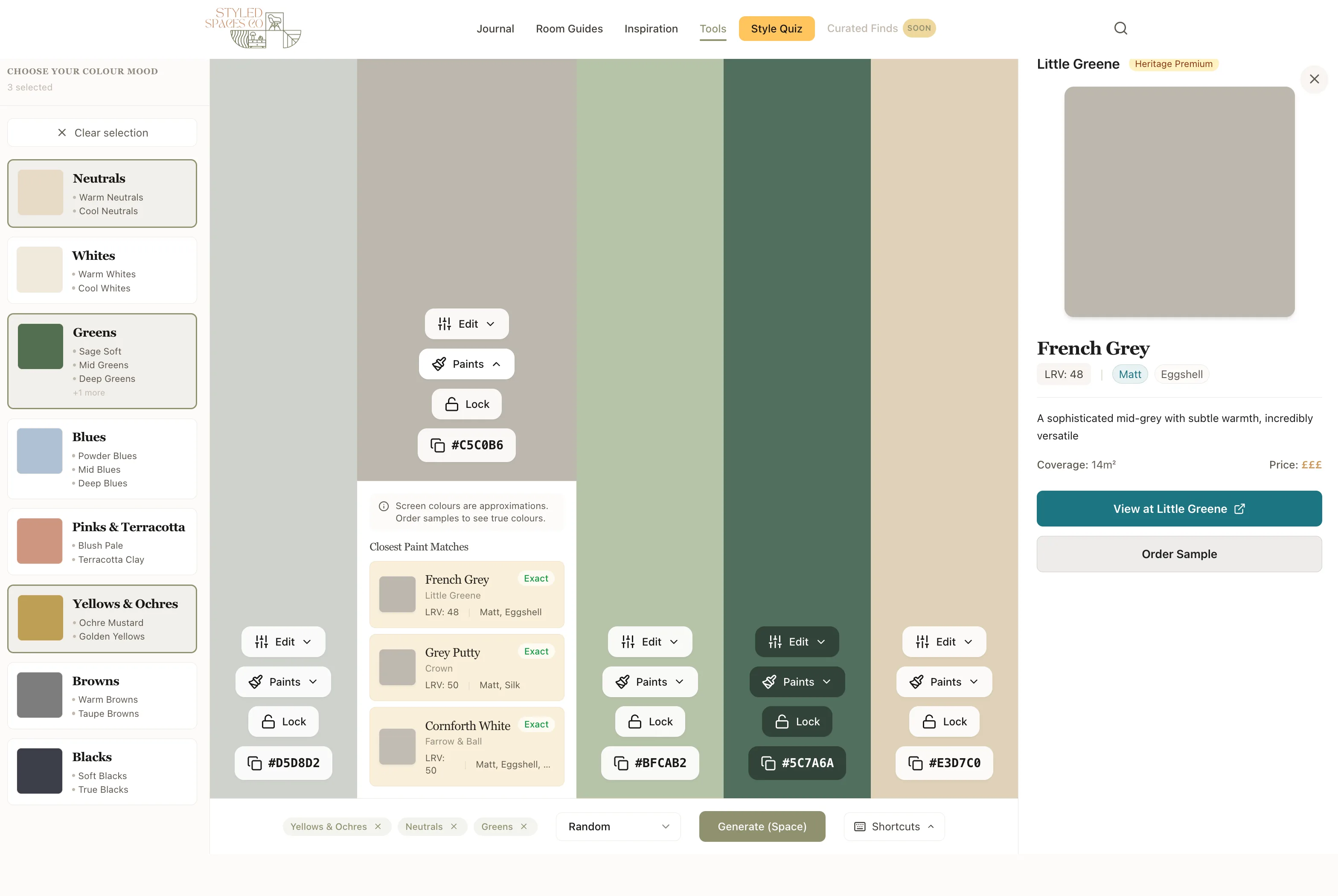 The Styled Spaces paint colour tool: colour moods on the left, a palette of five colours, and the closest paint matches for a soft grey with a button to order a sample.
