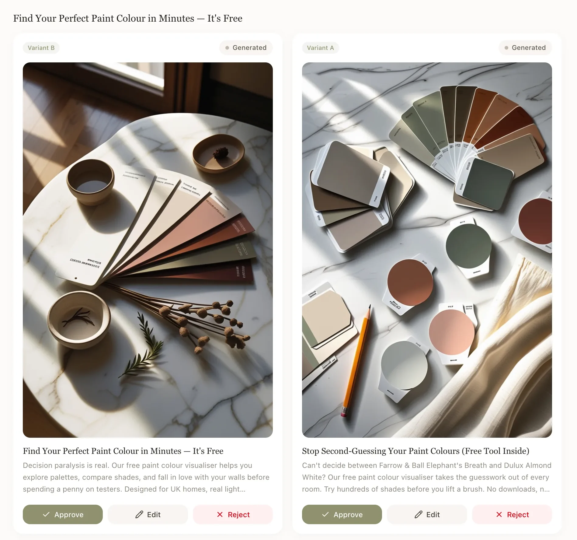 The Content Studio Pin Factory: two generated Pinterest pin designs showing paint swatches, each with approve, edit and reject buttons.