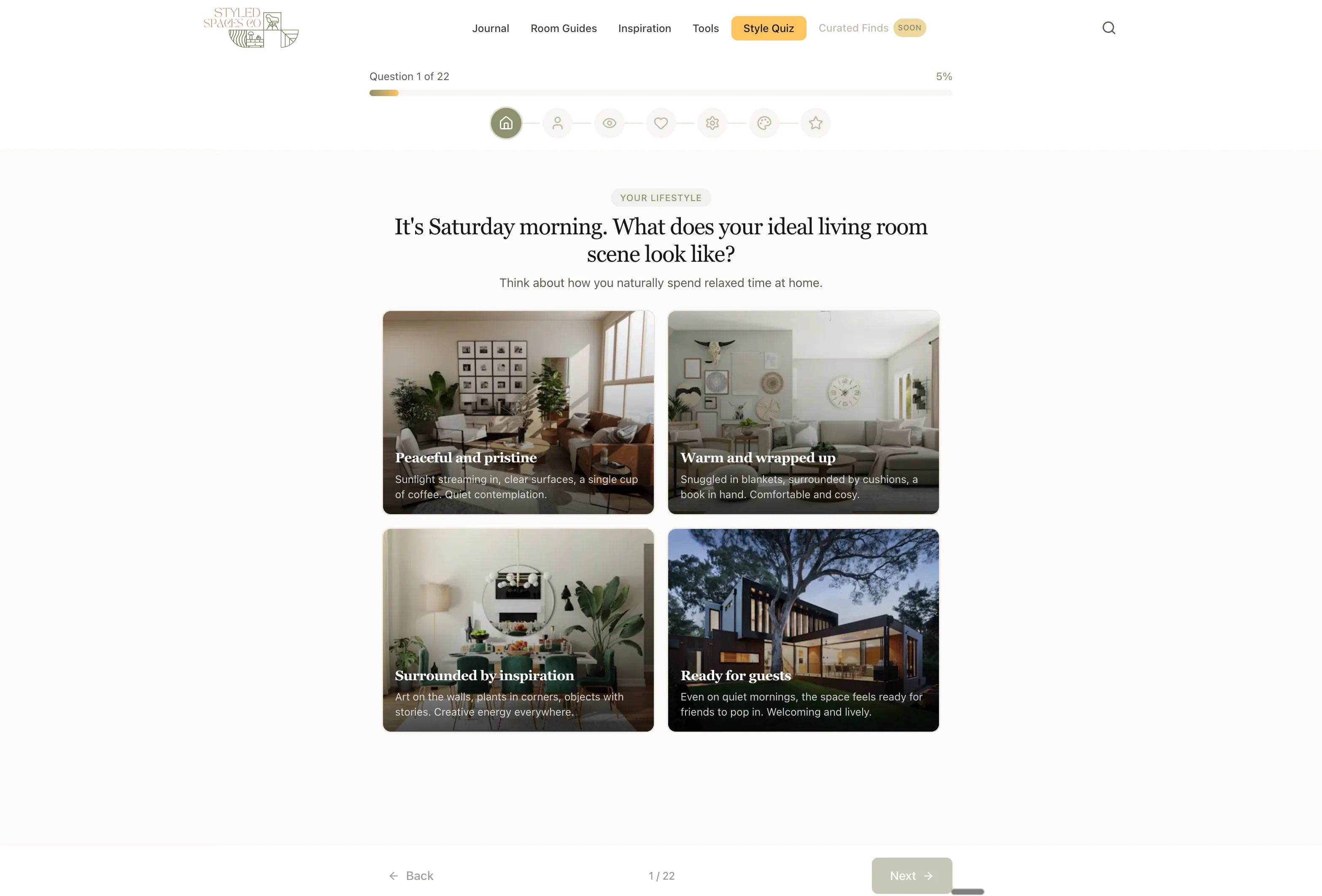The first question of the Styled Spaces style quiz: four photos of living rooms to choose between, with a progress bar above.